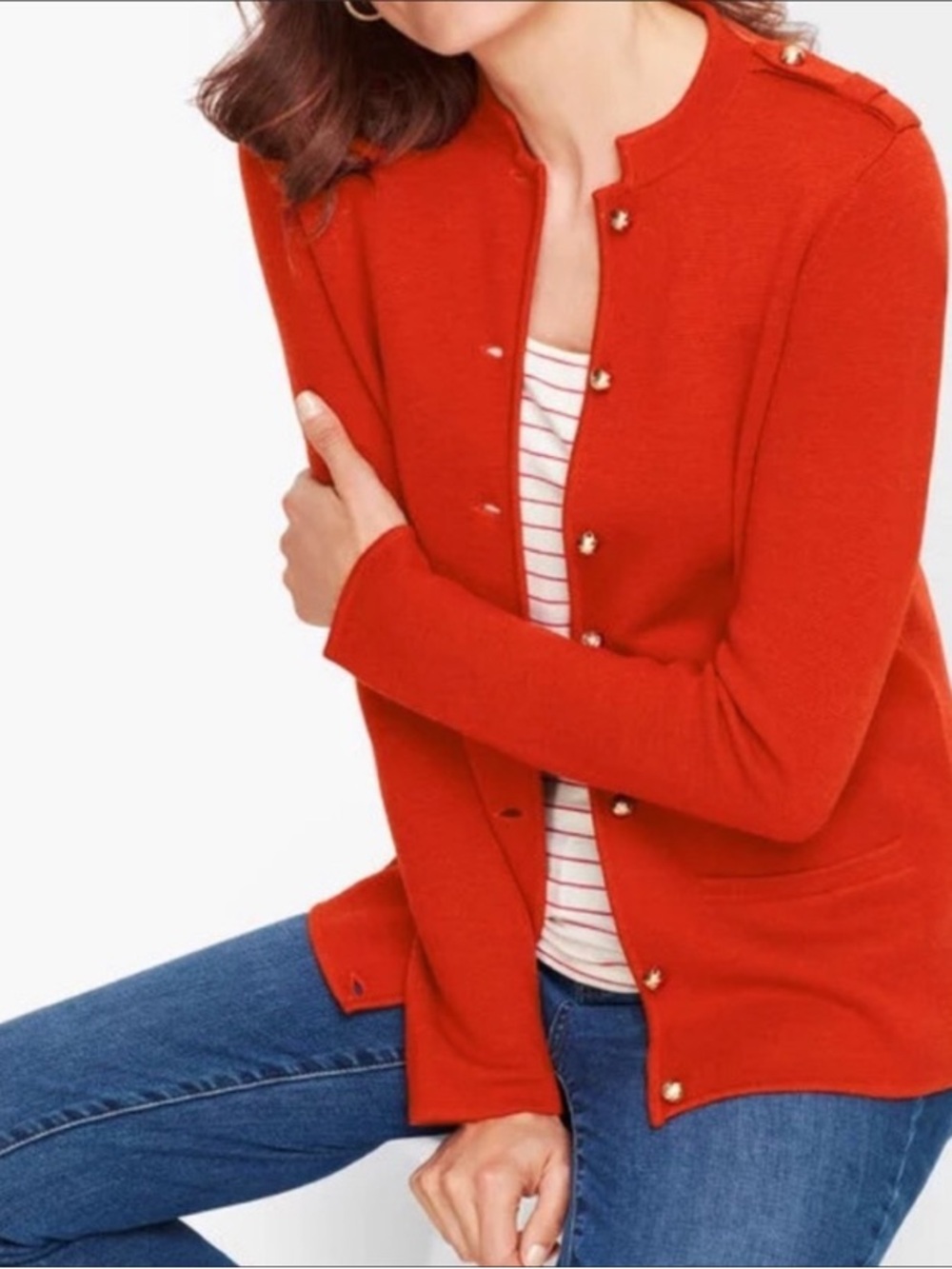 Talbots Military Style Cardigan Merino Wool Medium Warm Red